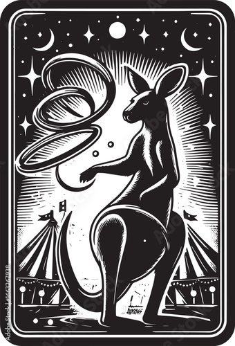 A whimsical black and white illustration of a kangaroo performing in a circus show