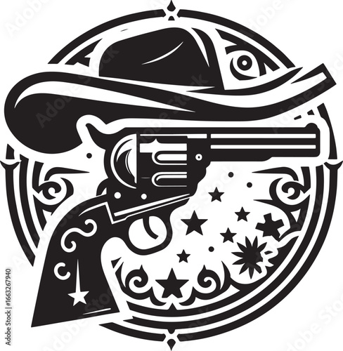 Black and White Illustration of a Cowboy Revolver Gun with Hat and Stars in a Circular Design