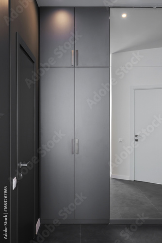 Grey wardrobe with mirror in the hallway