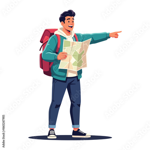 Embarking the Expedition: A traveler, eager to discover new experiences, charts his course, pointing towards undiscovered locations