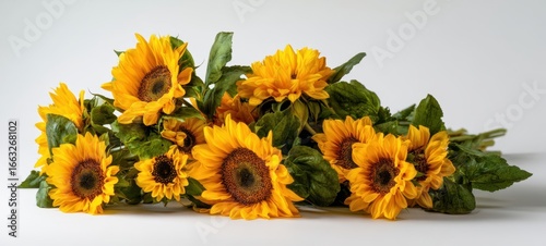 Wallpaper Mural The vibrant sunflower bouquet with fresh green leaves on a light background. Torontodigital.ca