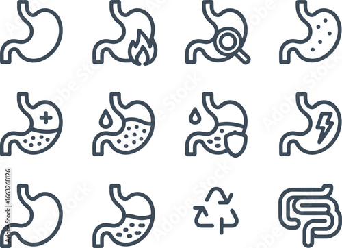 Stomach health icons, digestive system illustration, gastrointestinal pain, acid reflux, stomach disease, intestine, digestion process, medical diagnosis, healthcare, metabolism