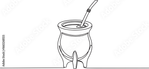 Single line drawing of yerba mate cup, traditional south america