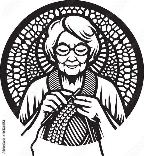 Elegant black and white illustration of a senior woman knitting inside a decorative circle