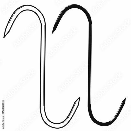 vector illustration of meat hook, butcher tool with sharp curved ends, used for hanging beef, pork, or fish, outline and silhouette icon for food industry design.