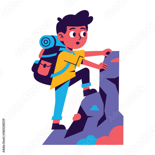Mountain Adventure: A young explorer, well-prepared with backpack in tow, confidently ascends a rocky peak, representing the thrill of outdoor pursuits and the spirit of conquering challenges. 