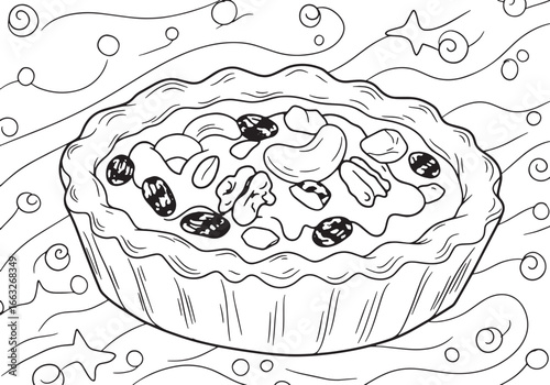 Whimsical butter tart illustration with swirling background elem