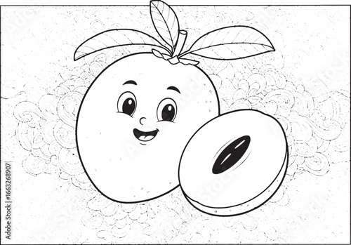 Whimsical sapodilla fruit characters with intricate doodle backg