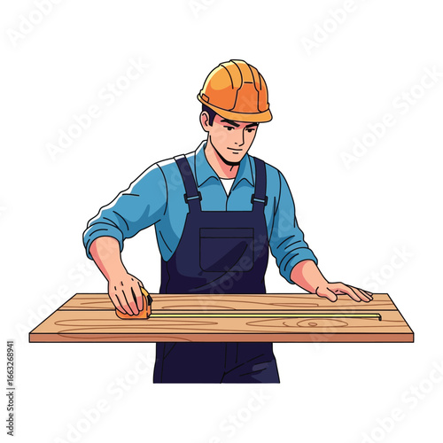 Precise Measurement: A skilled craftsman, clad in workwear and a protective helmet, meticulously measures a wooden plank. The scene captures precision, attention to detail.