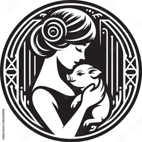 A Symbol of Maternal Love: Woman Holding a Piglet in a Decorative Round Frame