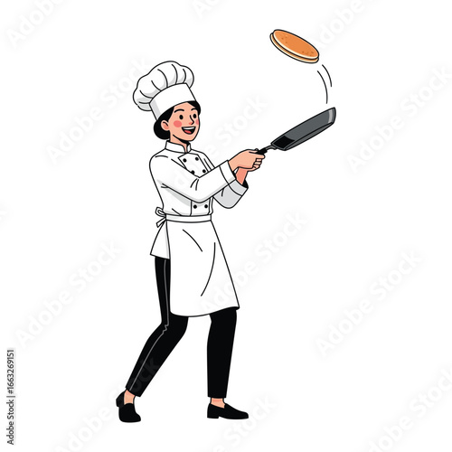 Chef tossing Pancake: A skilled chef, dressed in a crisp white uniform, expertly tosses a golden pancake high in the air using a non-stick pan, capturing a moment of culinary skill and joy.