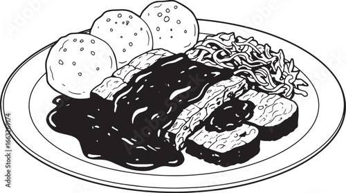 Authentic german sauerbraten dish with dumplings and red cabbage