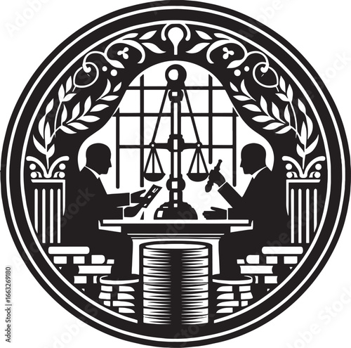 Legal Seal Depicting Two Lawyers Discussing with Scales of Justice in an Ornate Setting