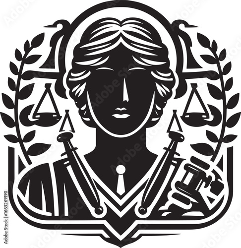 Illustration of Lady Justice with Scales, Swords, and Gavel representing Law and Justice concept