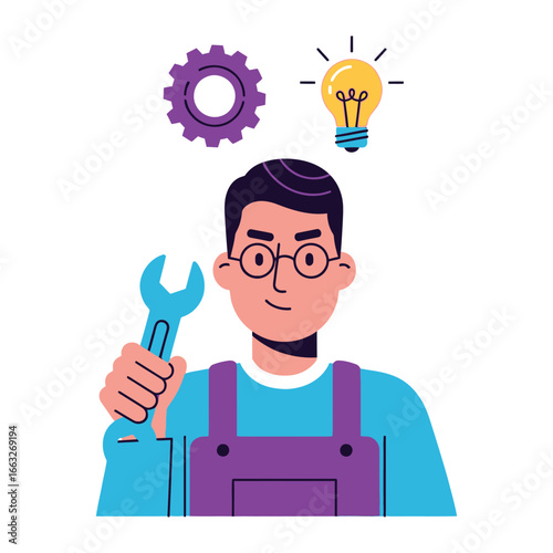 Mastermind: A creative thinker conceptualizes innovative ideas, symbolized by a lightbulb, while using engineering tools for problem-solving. 