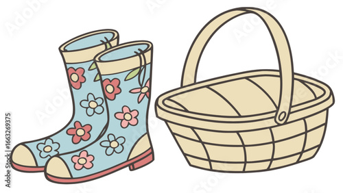 Cute floral rain boots and wicker basket illustration for spring garden and outdoor activities design 100