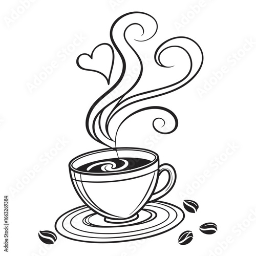 Coffee Cup with Heart Steam Minimal Line Art Vector PNG