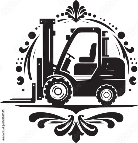 Elegant Black and White Forklift Illustration within Decorative Ornamental Frame, Symbol