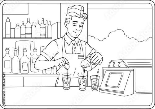 Retro soda jerk pouring beverages at an old-fashioned soda fount