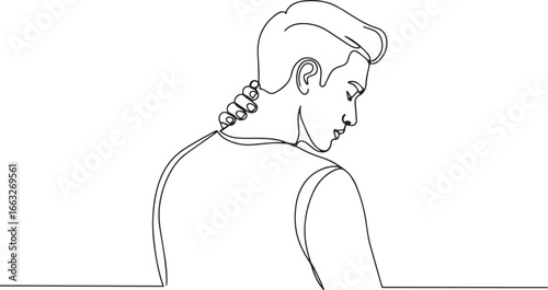 Continuous line drawing of a man massaging his neck with a conte