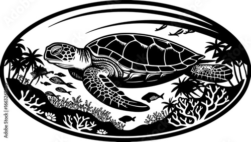 Sea turtle ocean life tropical island beach palm trees marine wildlife black and white vector illustration