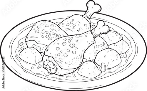 Whimsical Chicken Adobo Illustration with Creamy Sauce and Potat