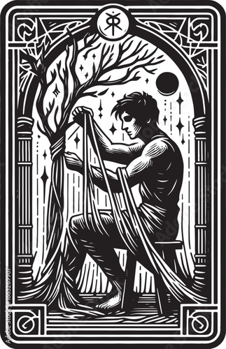 Intricate Black and White Illustration of a Man Weaving Tapestry in a Gothic Arch