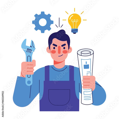 Engineering Ideas: A determined individual stands as the embodiment of innovation, clutching a wrench, blueprints, and a brilliant lightbulb above his head, symbolizing solutions.