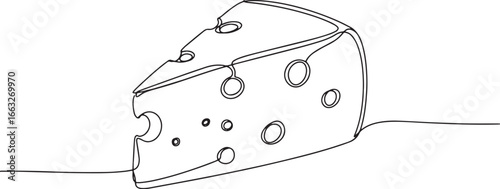 Minimalist line drawing of swiss cheese wedge on white seamless