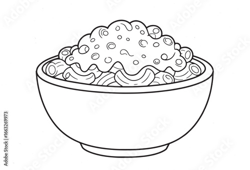 Detailed line art illustration of macaroni and cheese bowl with