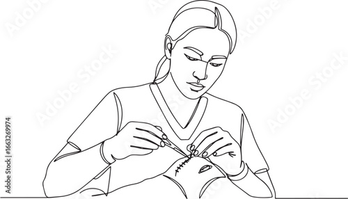 One line drawing of surgeon stitching patient's wound with preci