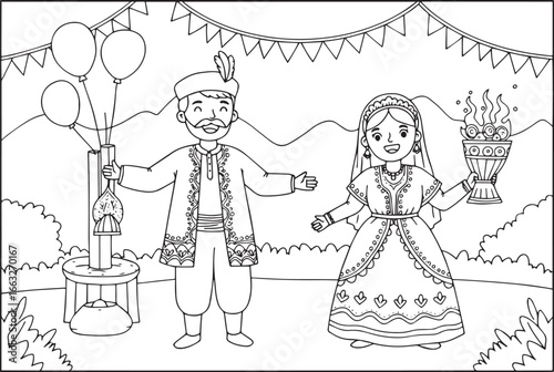 Charming cartoon illustration of a traditional wedding celebrati