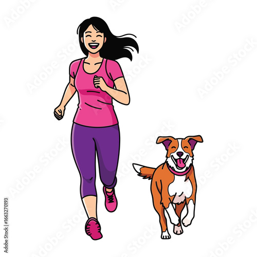 Running with Joy: A woman enjoys a vibrant run alongside a happy dog, the embodiment of a joyful lifestyle. capturing the freedom and companionship of a fitness activity.
