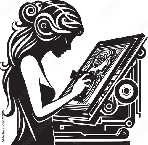 Silhouette of a Woman Artist Creating Digital Art on a Tablet with Intricate Designs