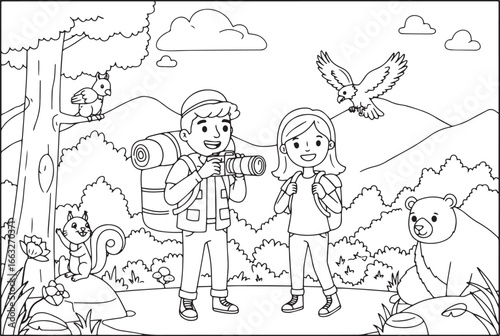 Cartoon Couple on Hiking Adventure with Wildlife, a Detailed Col