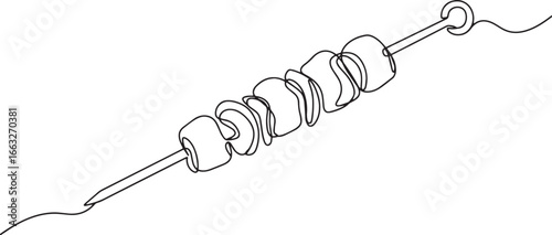Minimalist continuous line art drawing of kebab skewer, food pre
