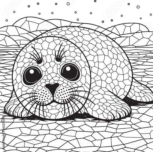 Adorable black and white illustration of a cute seal pup resting in a polygonal landscape