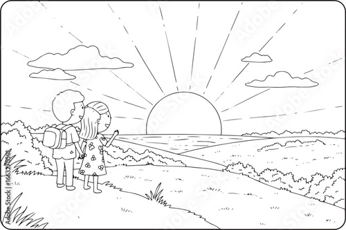 Charming Line Art Illustration: Couple Gazing at a Radiant Seasi