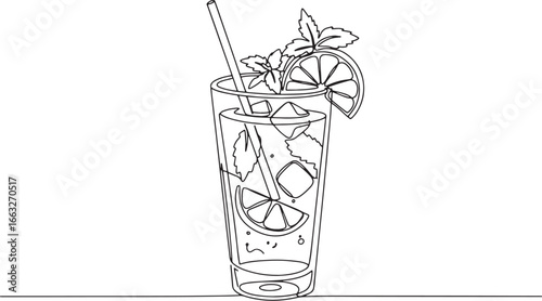 Minimalist line art illustration of a refreshing mojito cocktail
