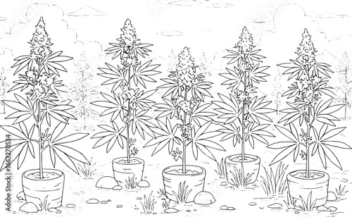 Illustration of a hemp plantation with plants in pots, against a