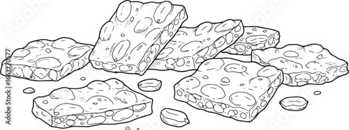 Hand-drawn illustration of peanut brittle pieces on a white back
