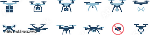 Drone icons collection, quadcopter delivery, aerial camera drone, flying gadget, WiFi drone signal, drone controller, no drone zone, modern technology illustration