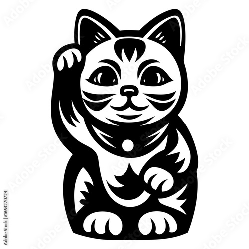 Black and white illustration of a Maneki Neko lucky cat waving