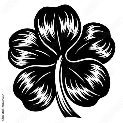 Black and white five leaf clover illustration for luck and prosperity