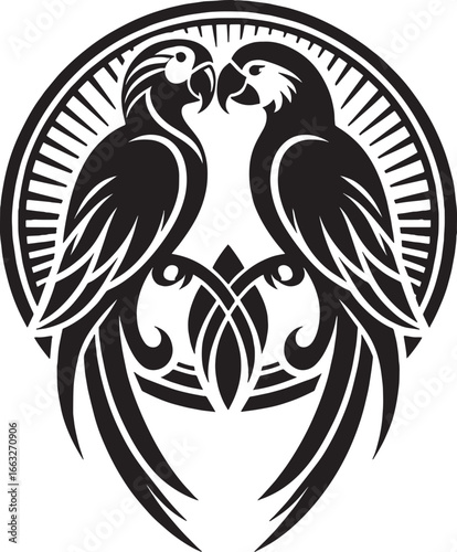 Elegant Black and White Parrot Silhouette Design with Intricate Details and Circular Frame