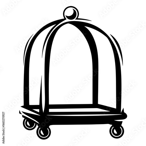 Black and white image of a vintage luggage trolley isolated on white