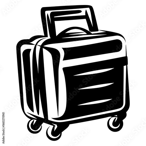 Stylized black and white illustration of a wheeled suitcase with a handle