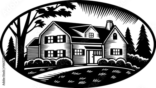 Black and white vector illustration of a house home building residence with trees and landscape design