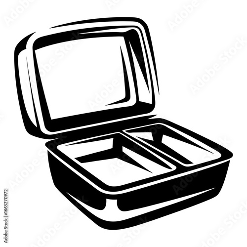 Detailed Monochrome Illustration of a Two Compartment Lunch Box Container