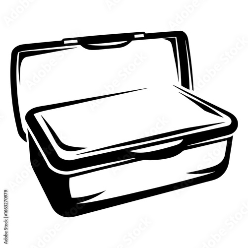 Simple graphic illustration of an open black and white lunch box